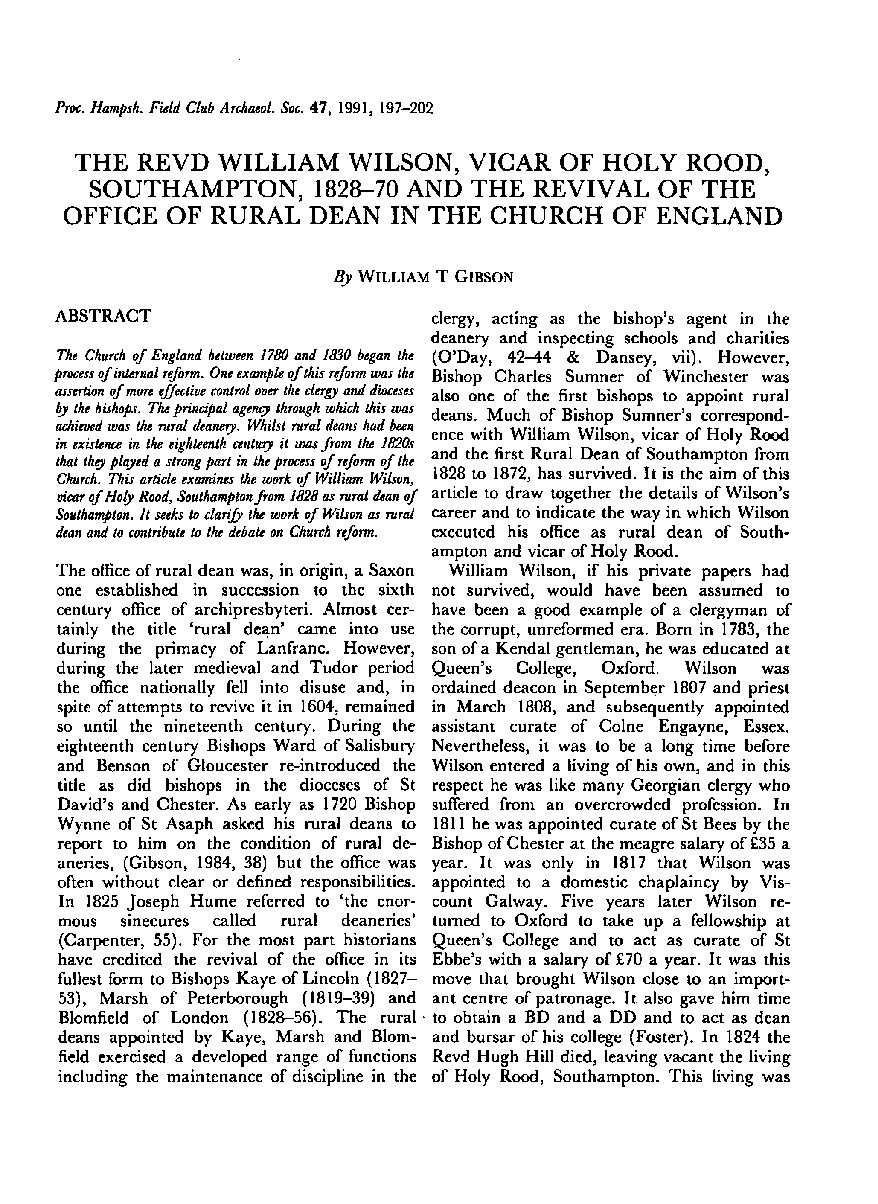 The Revd William Wilson, vicar of Holy Rood, Southampton and the revival of the office of Rural Dean in the Church of England