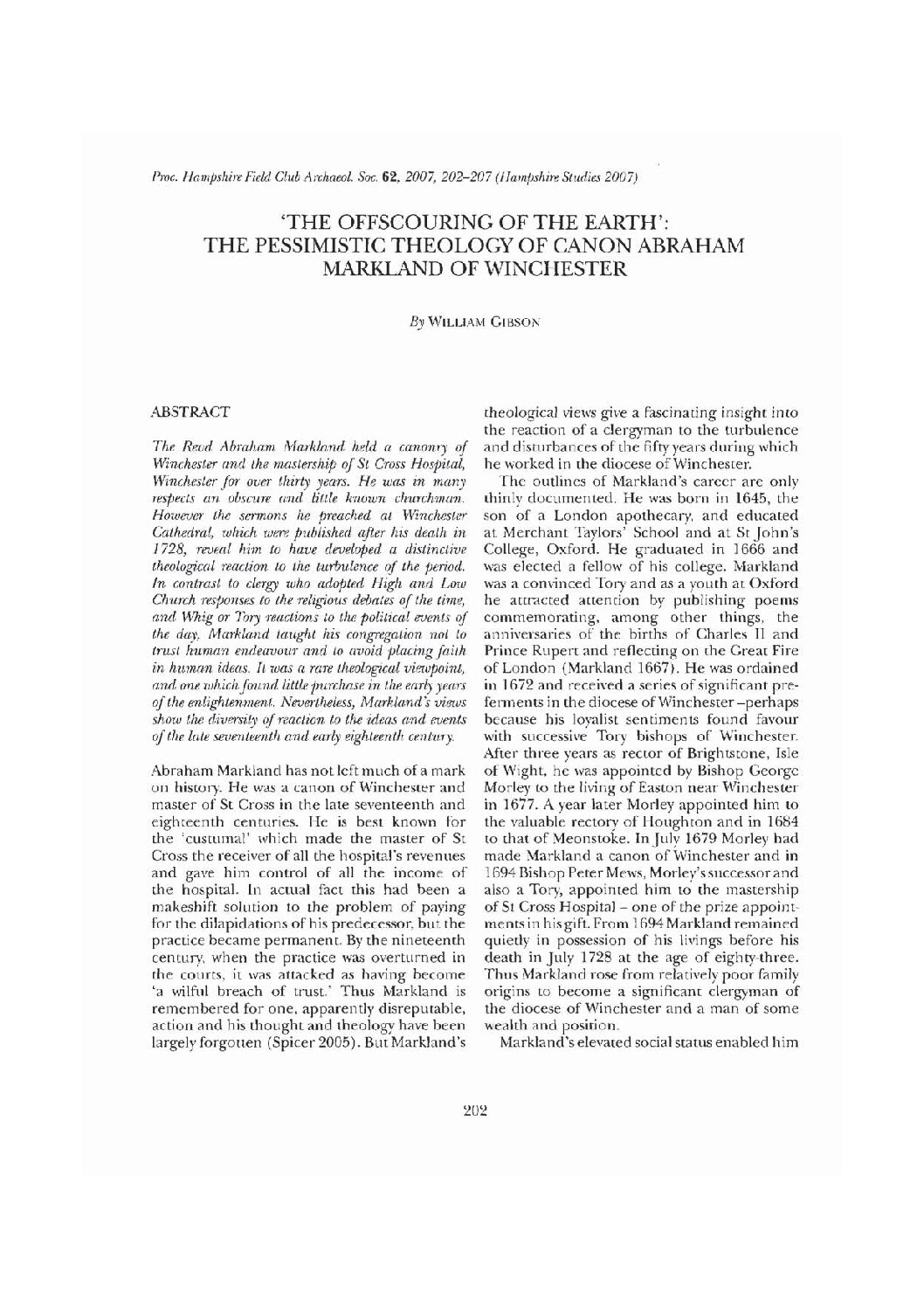 “The Offscouring of the Earth”: the Pessimistic Theology of Canon Abraham Markland of Winchester