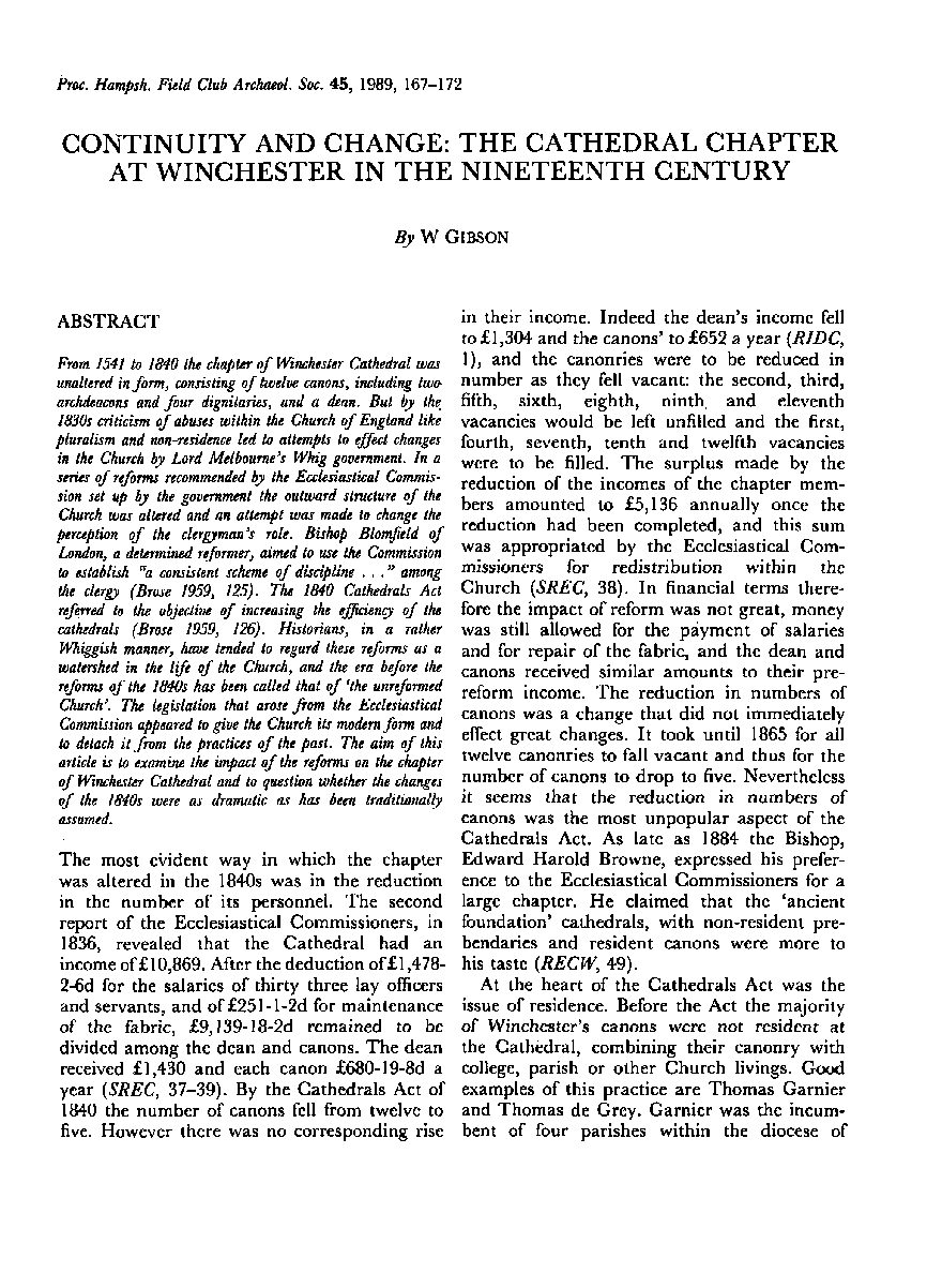Continuity and Change: the Cathedral Chapter at Winchester in the Nineteenth Century