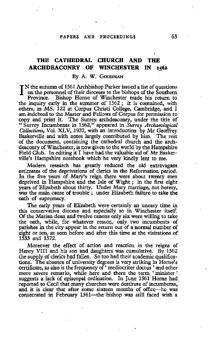 The Cathedral Church and the Archdeaconry of Winchester in 1562