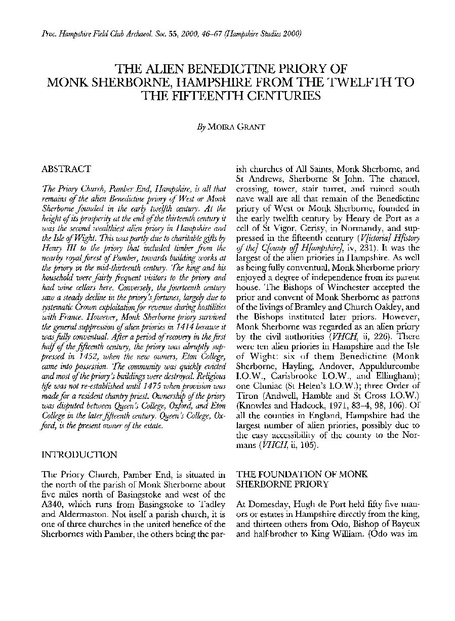 The alien Benedictine piory of Monk Sherborne, Hampshire from the twelfth to the fifteenth centuries