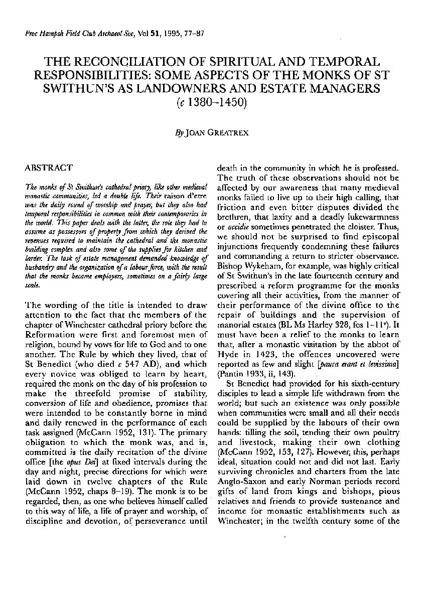 The reconciliation of Spiritual and Temporal Responsibilities: some aspects of the monks of St. Swithun’s as landowners and estate managers (c1380-1450)