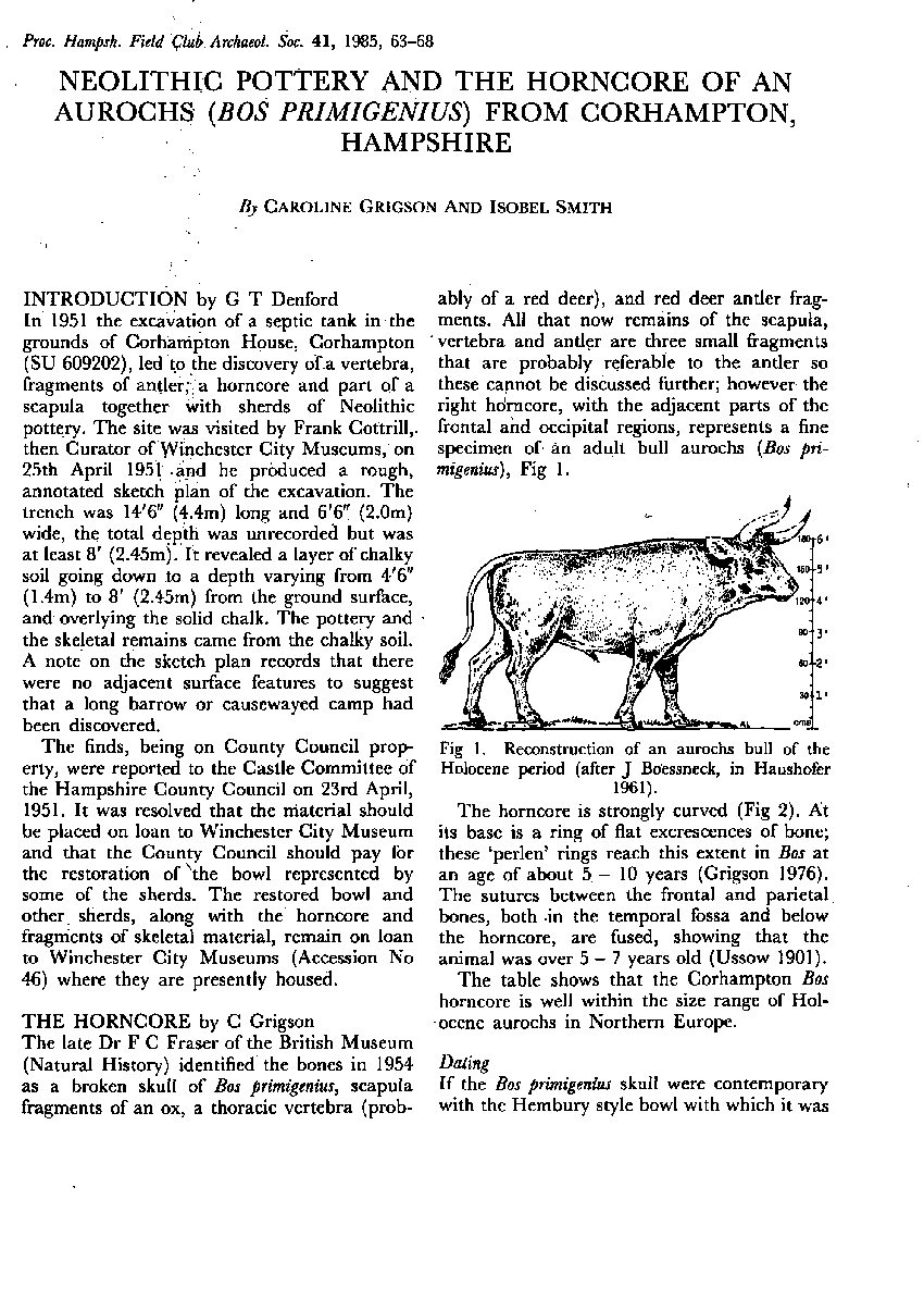 Neolithic Pottery and the Horncore of an Aurochs (Bos Primigenius) from Corhampton, Hampshire