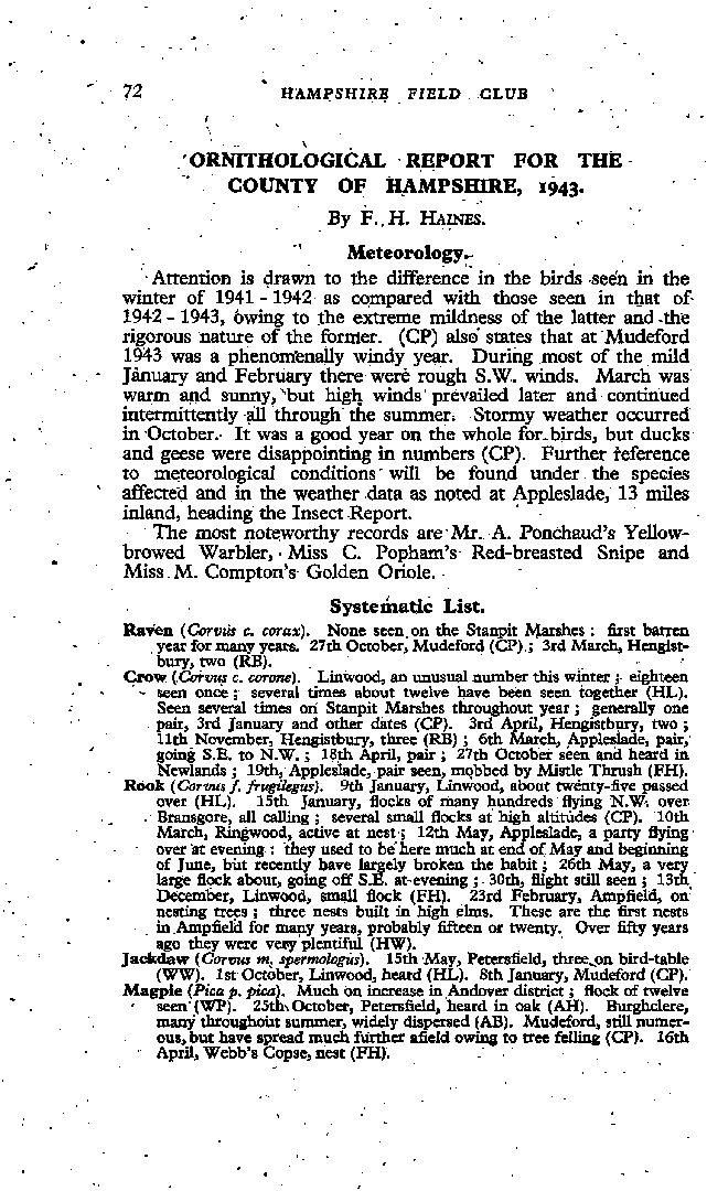 Ornithological Report for the County of Hampshire, 1943