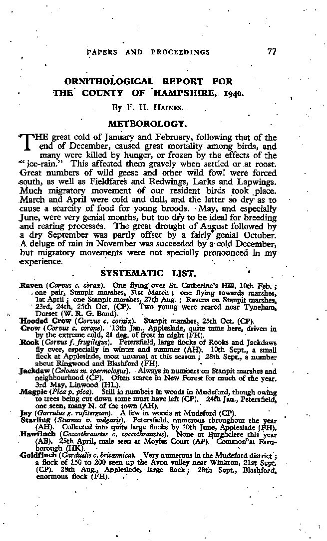 Ornithological Report for the County of Hampshire, 1940