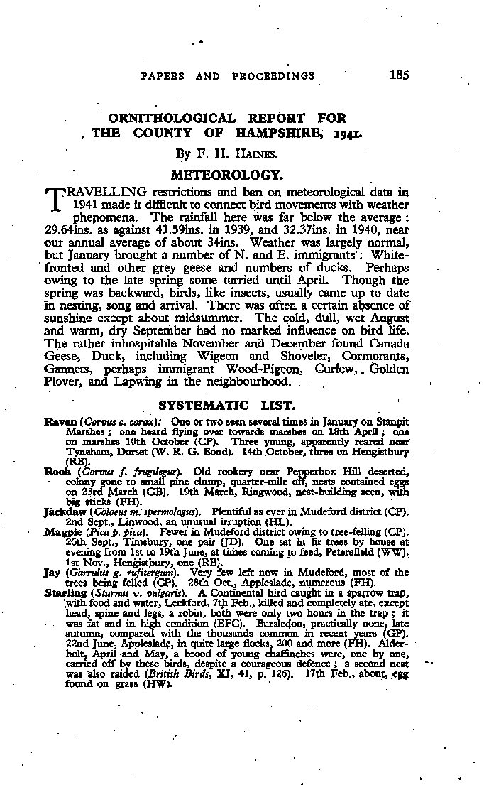 Ornithological Report for the County of Hampshire, 1941
