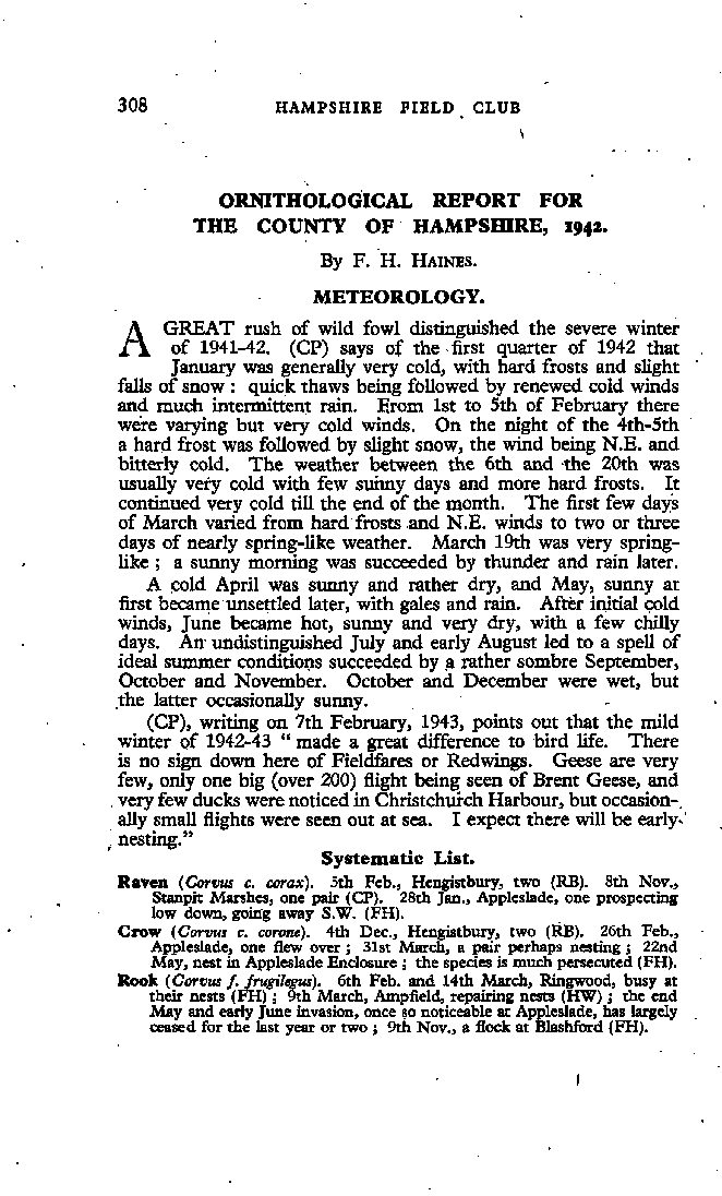 Ornithological Report for the County of Hampshire, 1942