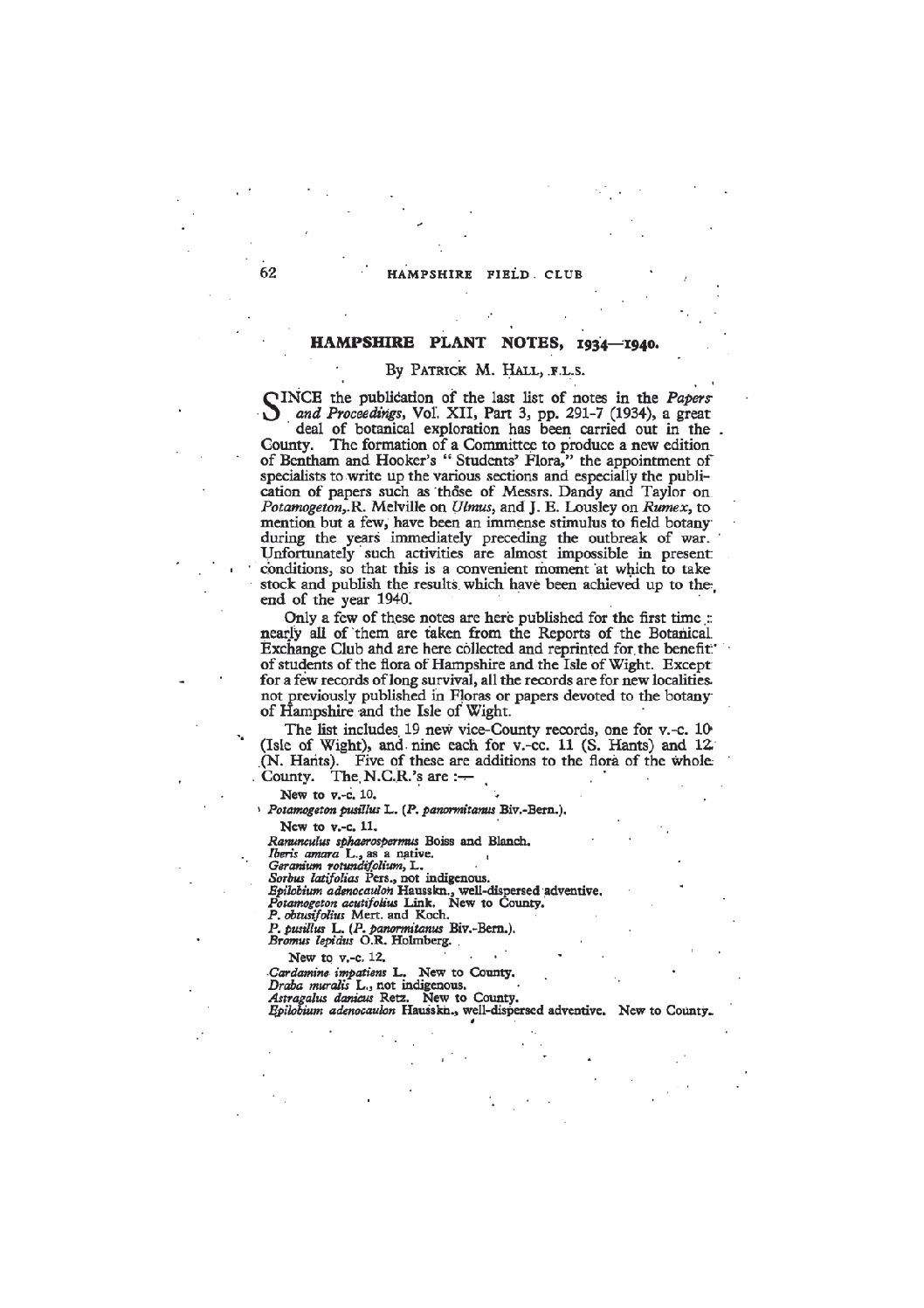 Hampshire Plant Notes, 1930-40