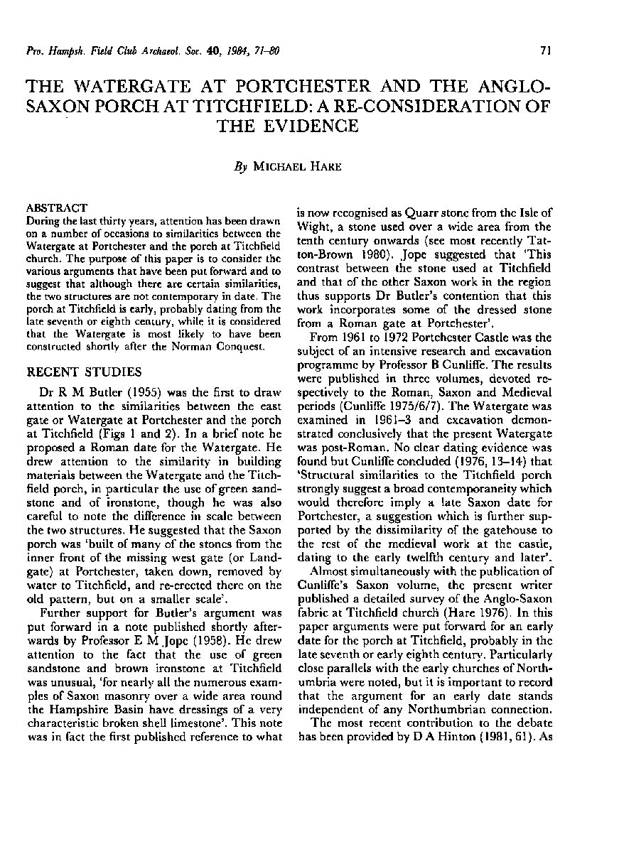 The Watergate at Portchester and the Anglo-Saxon Porch at Titchfield: a reconsideration of the evidence
