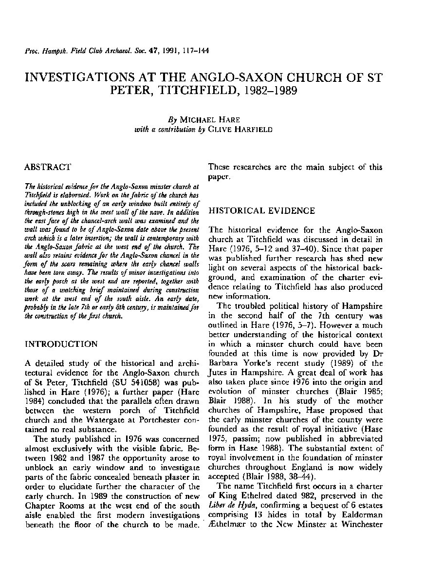 Investigations at the Anglo-Saxon church of St Peter, Titchfield, 1982-9