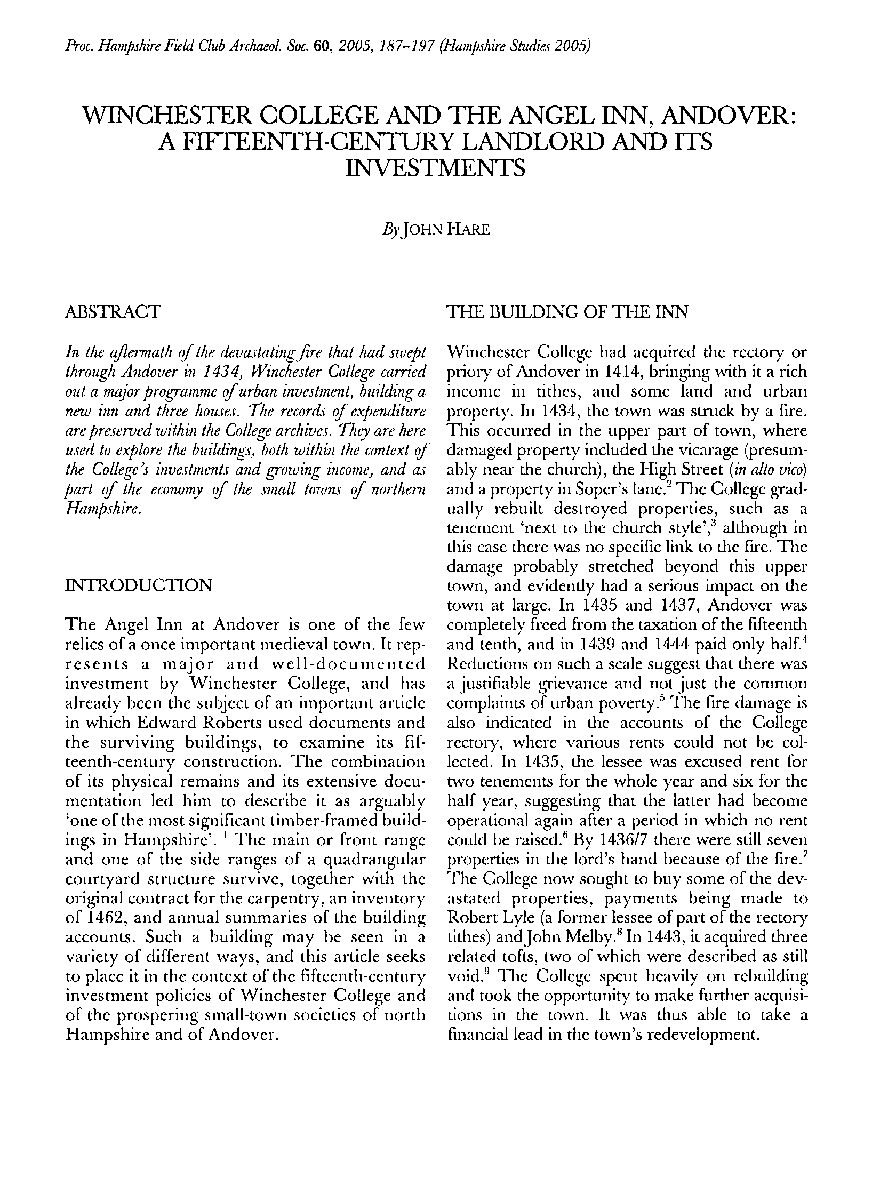 Winchester College and the Angel Inn, Andover: A Fifteenth-Century Landlord and its Investments