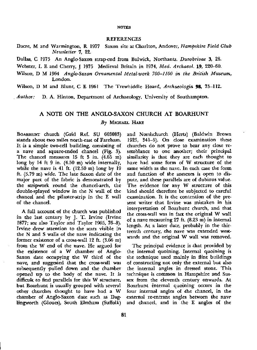 A note on the Anglo-Saxon church at Boarhunt