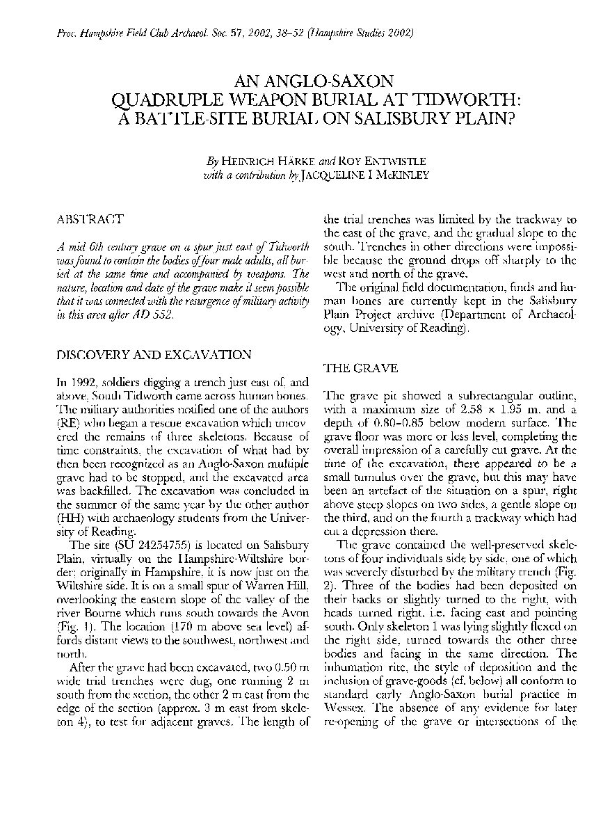 An Anglo-Saxon Quadruple Weapon Burial at Tidworth: A Battle-site Burial on Salisbury Plain?