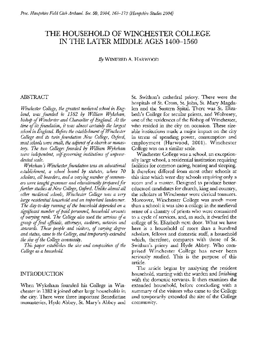 The Household of Winchester College in the Later Middle Ages 1400-1560