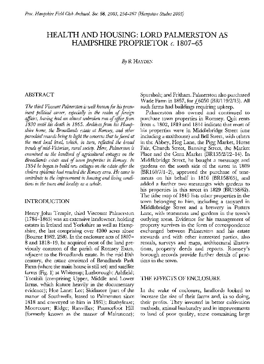 Health and Housing: Lord Palmerston as Hampshire Proprietor c1807 – 65