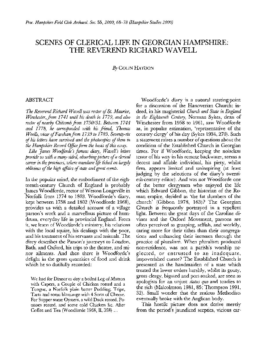 Scenes of clerical life in Georgian Hampshire: The Reverend Richard Wavel