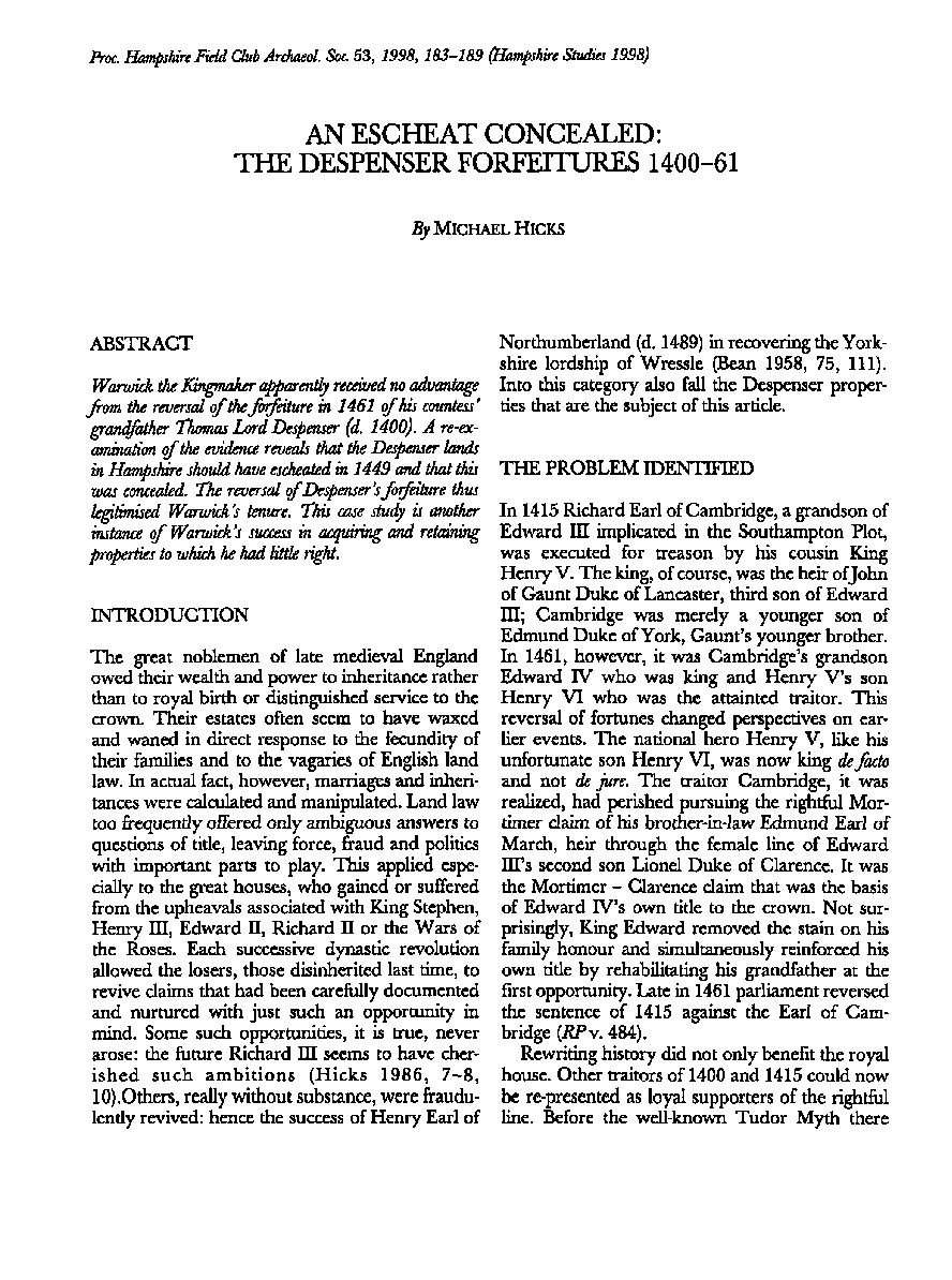 An escheat concealed: the Despenser forfeitures 1400-61