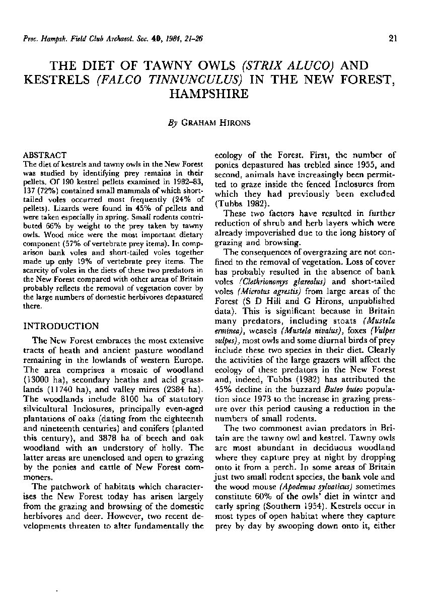 The Diet of Tawny Owls (strix aluco) and Kestrels (Ealco tinnunculus) in the New Forest