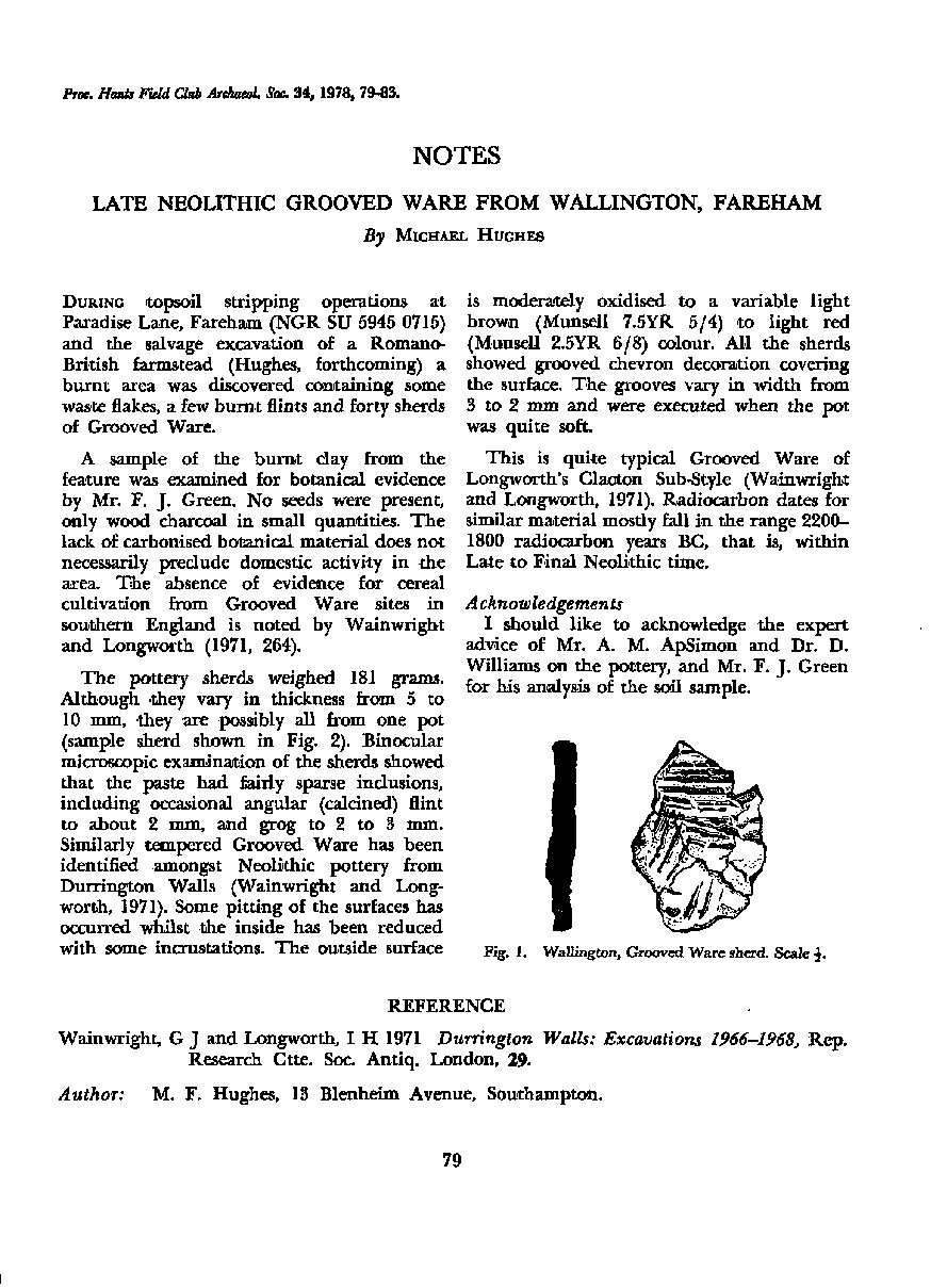 Late Neolithic Grooved Ware from Wallington, Fareham