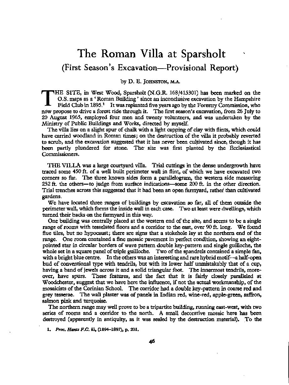 The Roman Villa at Sparsholt (First Season’s Excavation 1965 Provisional Report)