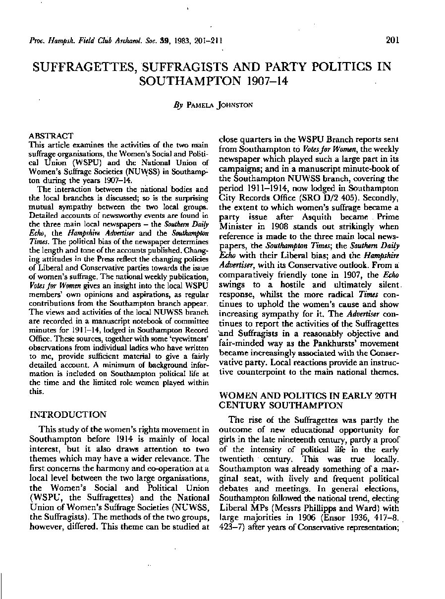 Suffragettes, Suffragists and Party Politics in Southampton, 1907-1914