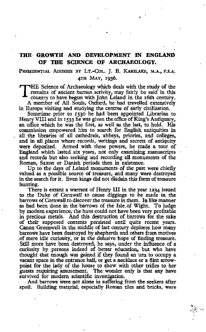 The Growth and Development in England of the Science of Archaeology
