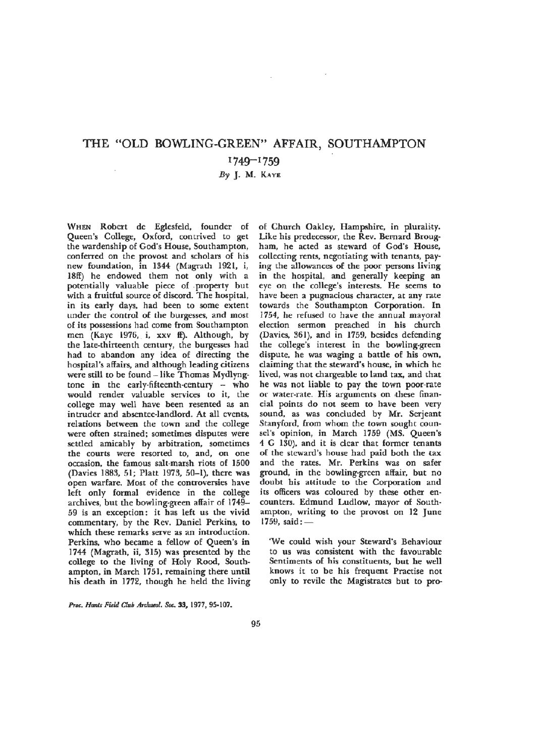 The ‘Old Bowling-Green’ affair, Southampton, 1749-1759