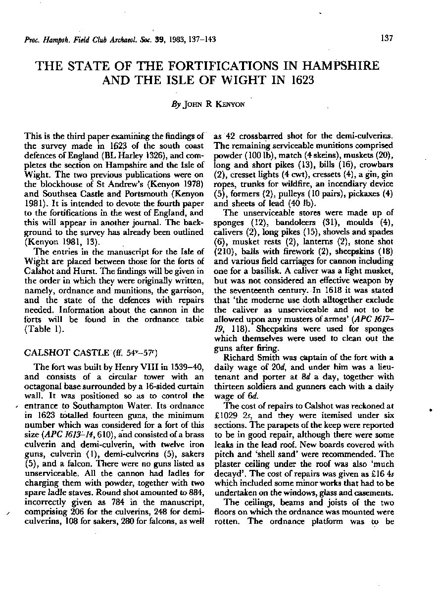 The State of Fortifications in the Hampshire and Isle of Wight in 1623
