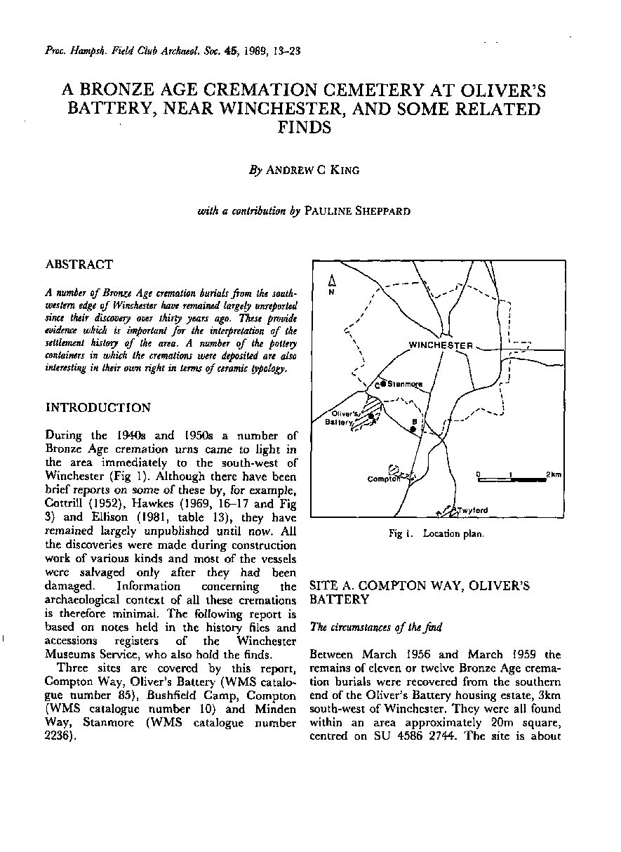 A Bronze Age Cremation Cemetry at Oliver’s Battery, near Winchester, and Some Related Finds