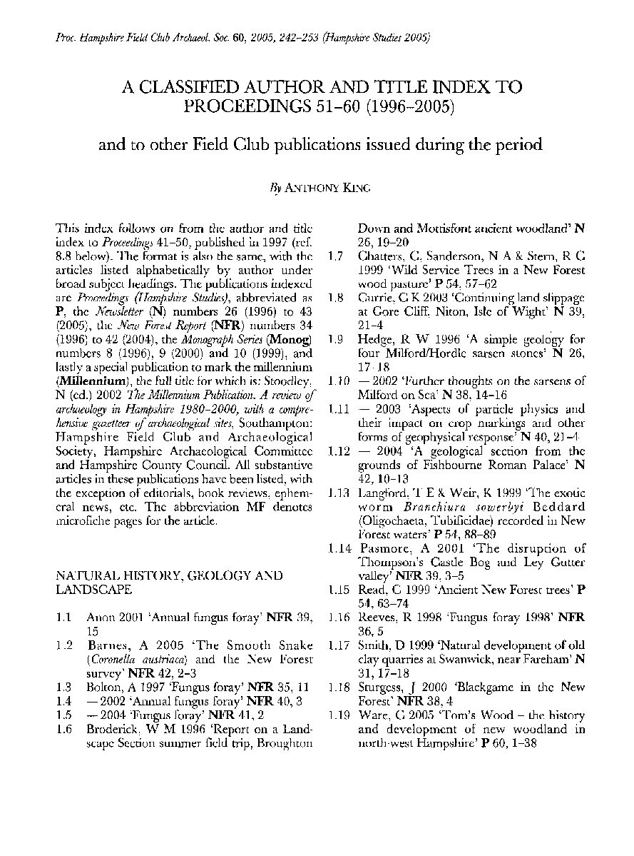 A classified Author and Title Index to Proceedings 51-60 (1996-2005) and to other field club publications issued during the period