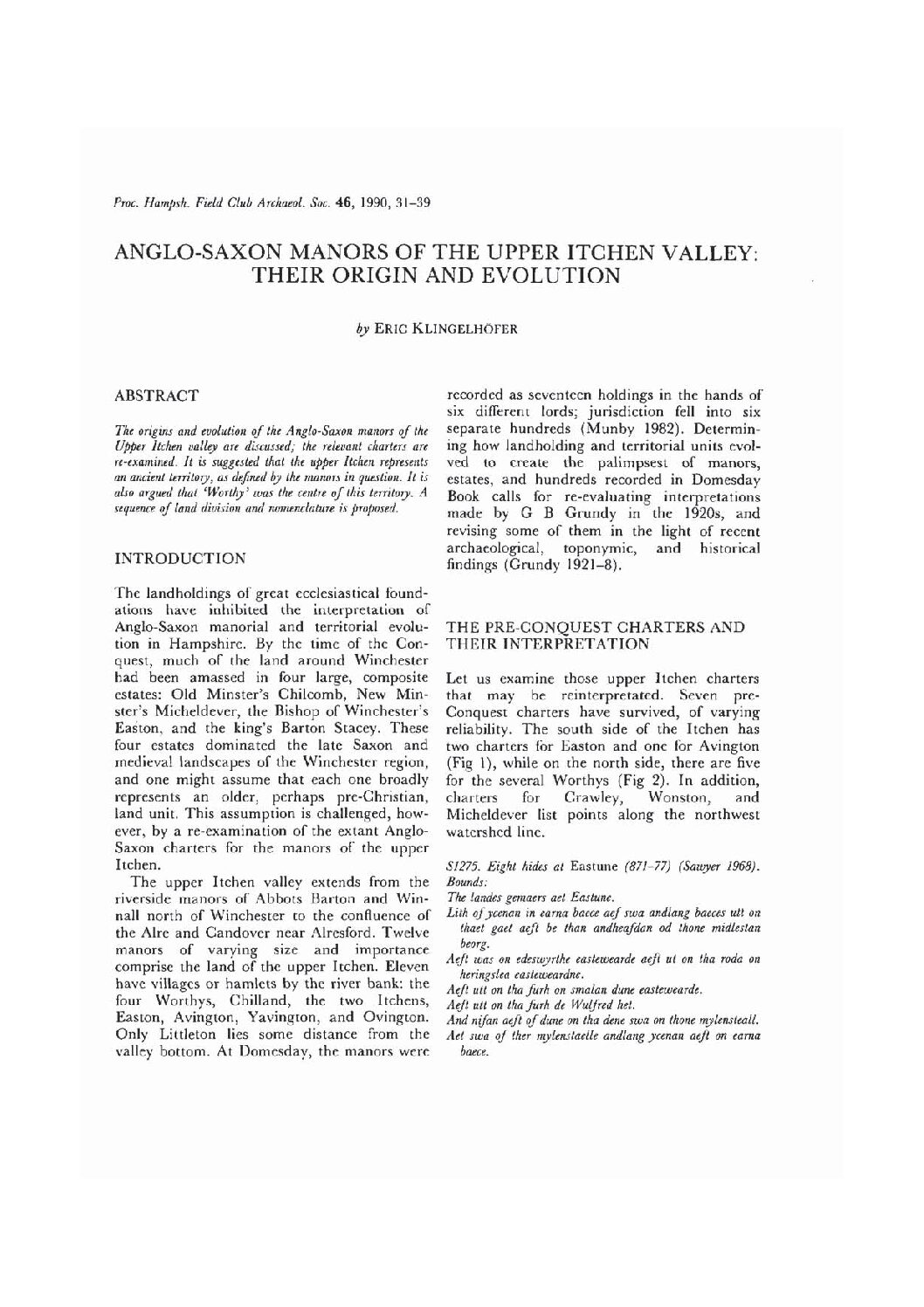 Anglo-Saxon Manors of the Upper Itchen Valley: their Origin and Evolution