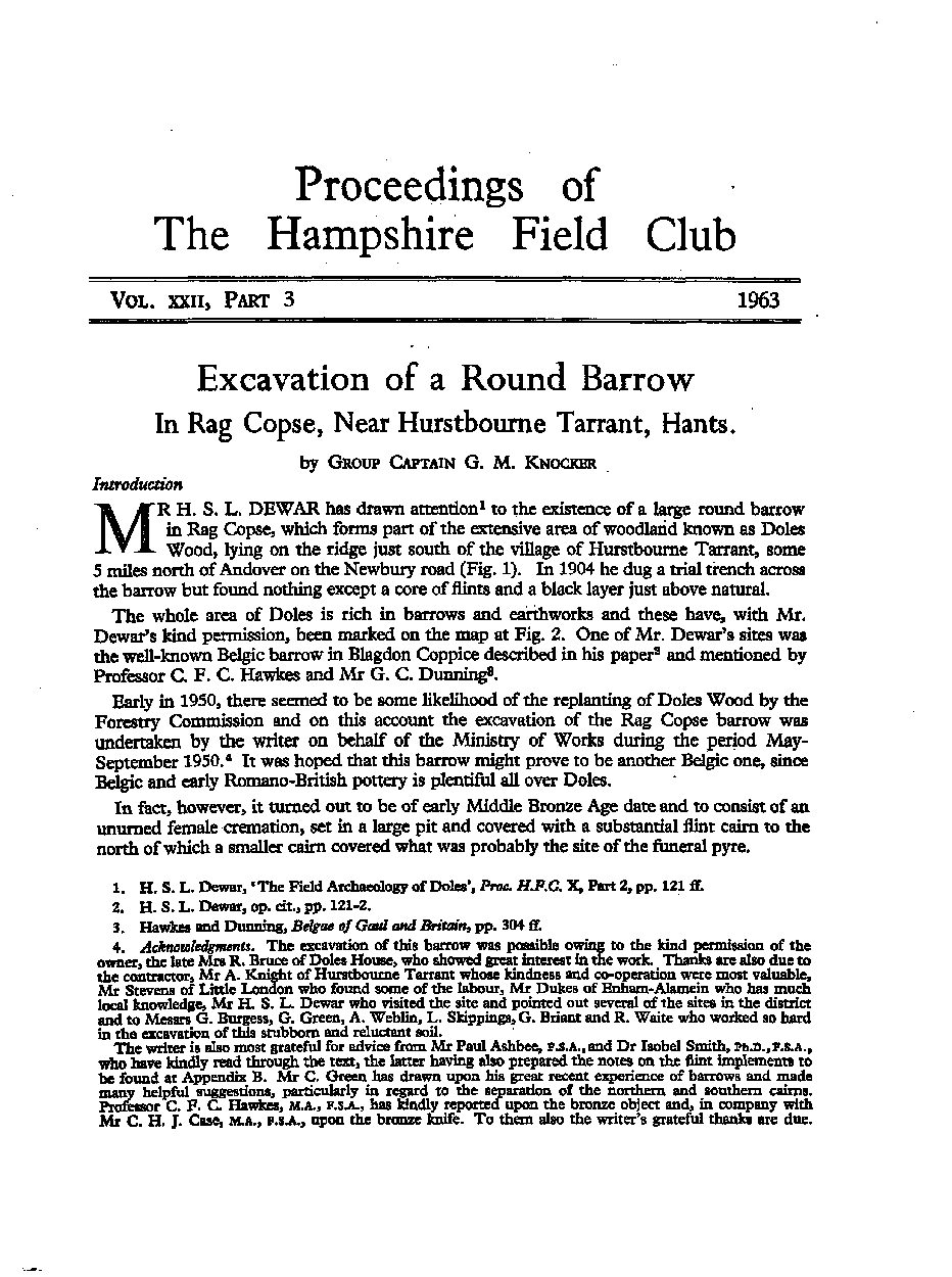 Excavation of a Round Barrow, in Rag Copse, near Hurstbourne Tarrant, Hampshire