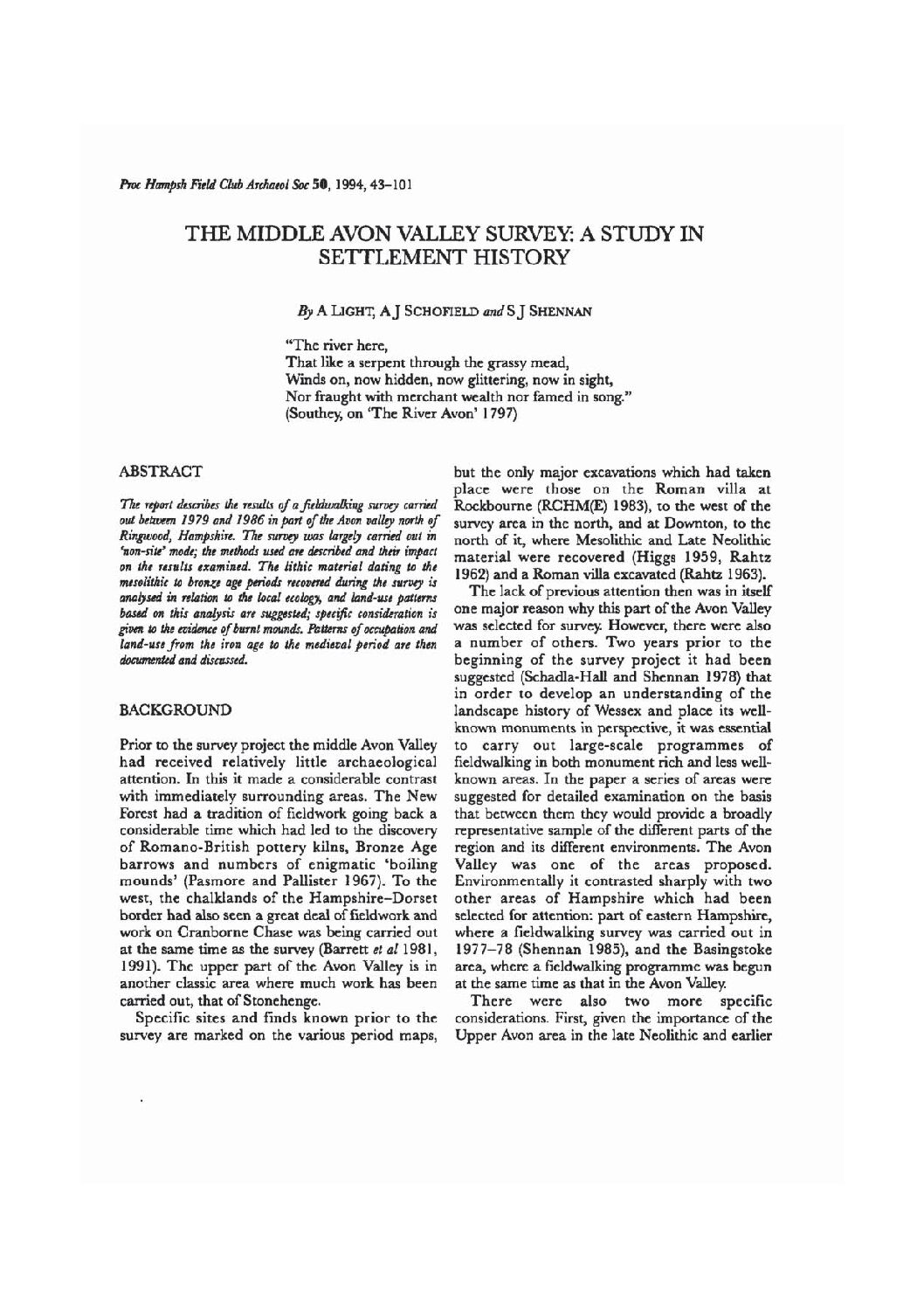 The Middle Avon Valley Survey: a study in settlement history
