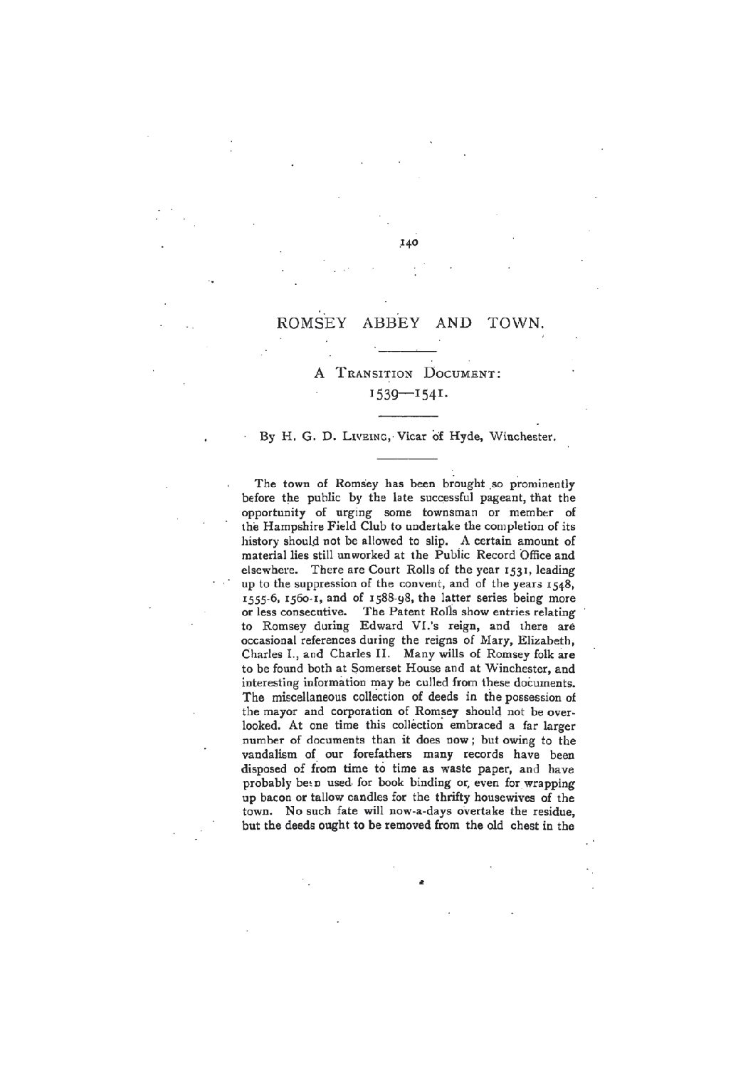 Romsey Abbey and Town. A Transition Document 1539-154