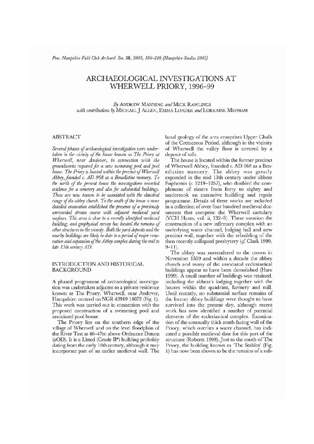Archaeological investigations at Wherwell Priory, 1996 – 99