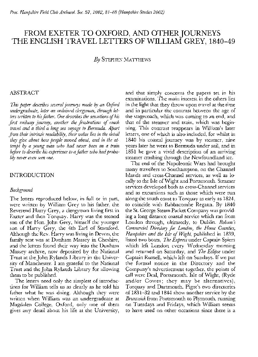 From Exeter to Oxford, and other Journeys, the English Travel Letters of William Grey, 1840-49