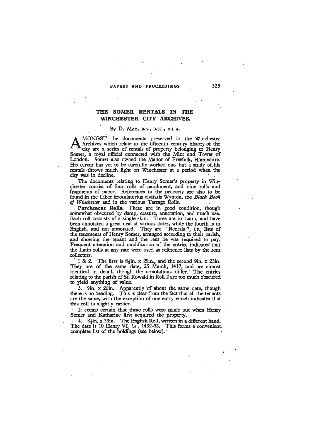 The Somer Rentals in the Winchester City Archives