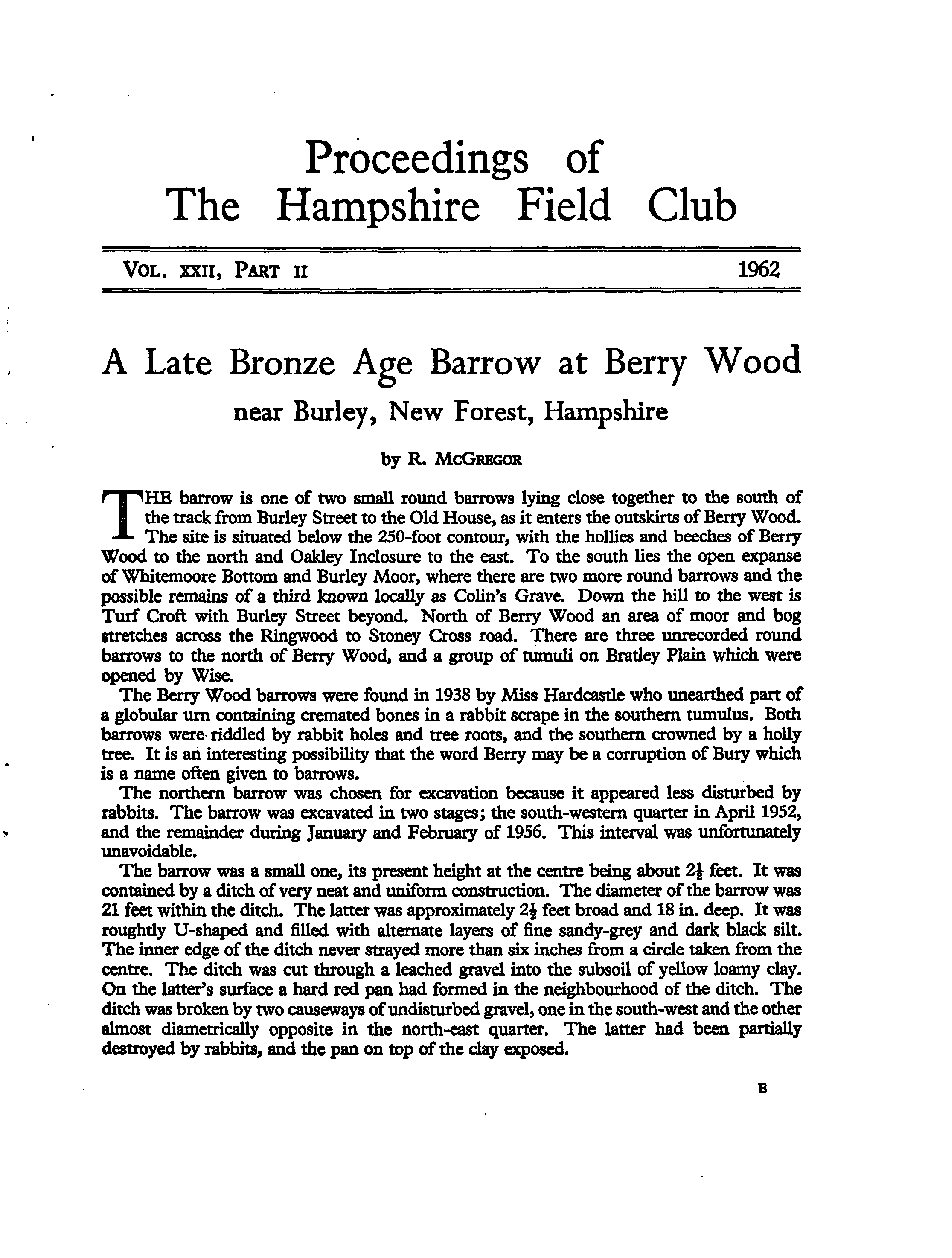 A Late Bronze Age Barrow at Berry Wood, near Burley, New Forest, Hampshire