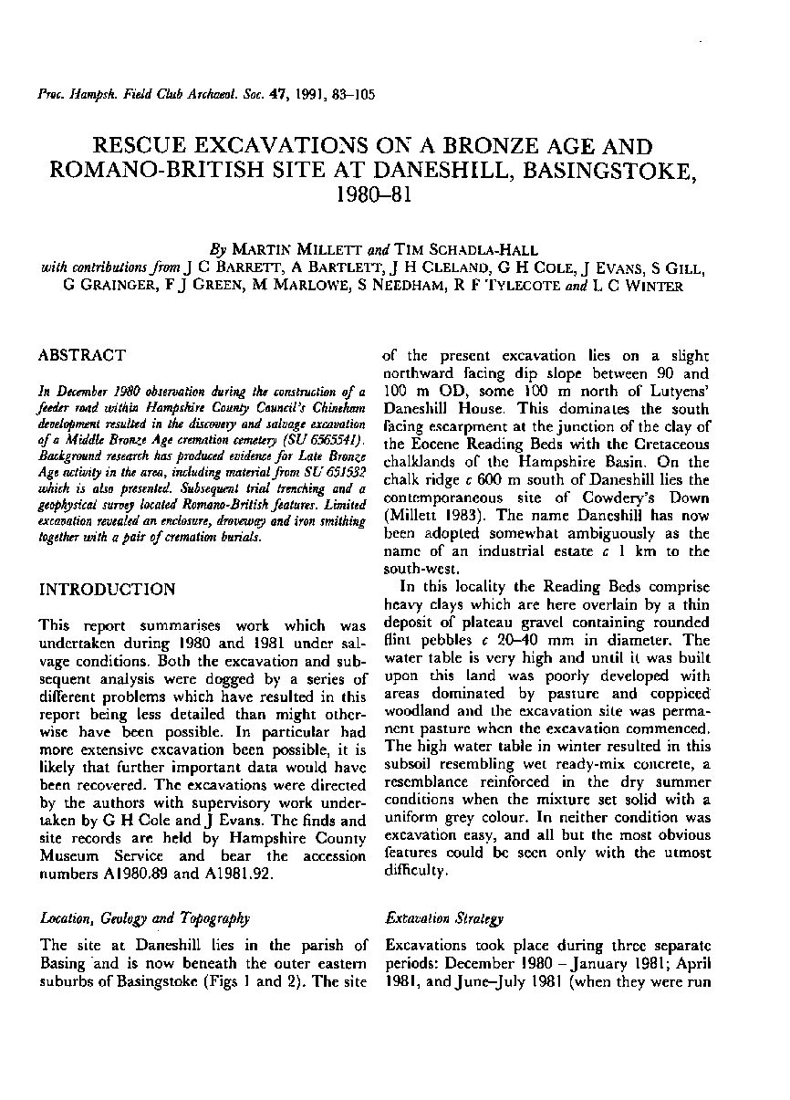 Rescue excavations on a Bronze Age and Romano-British site at Daneshill, Basingstoke, 1980-1