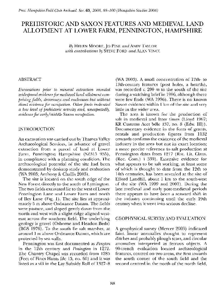 Prehistoric and Saxon features and medieval land allotment at Lower Farm, Pennington, Hampshire
