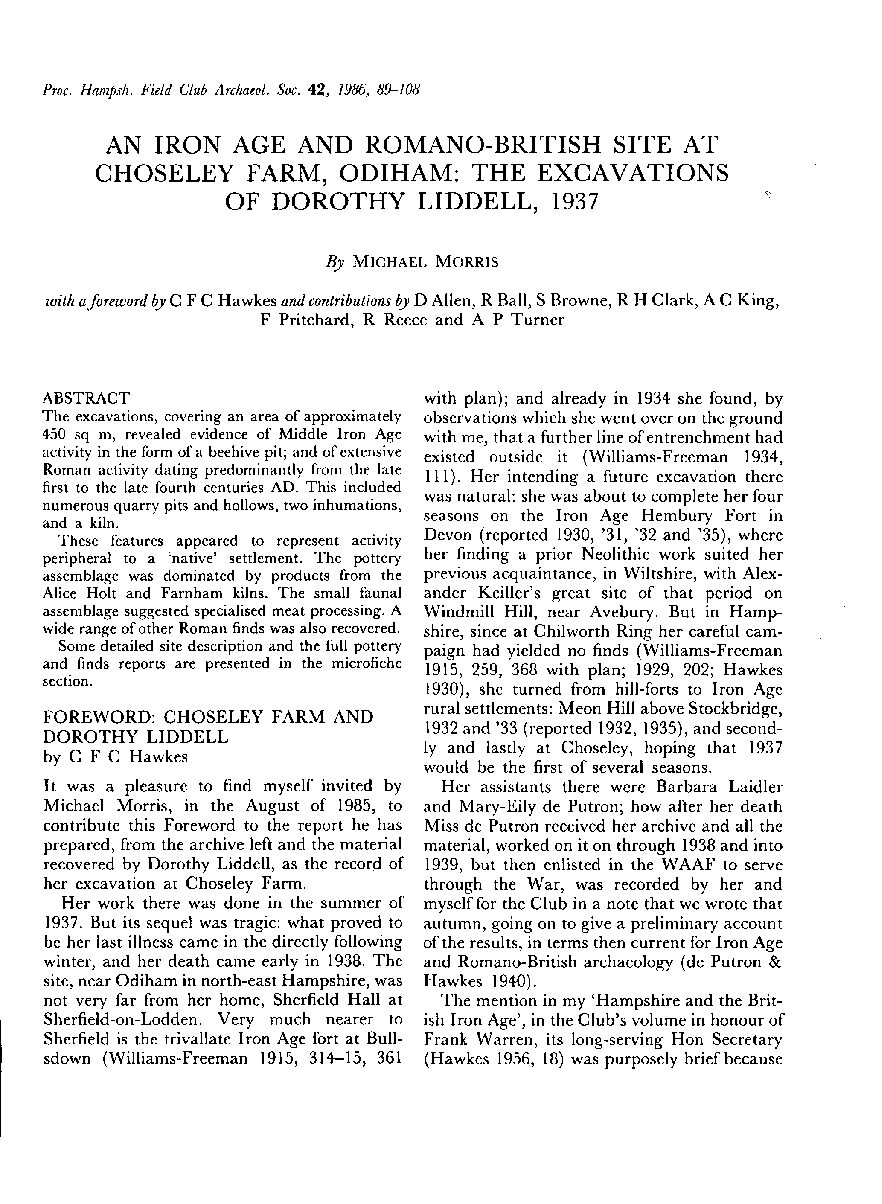 An Iron Age and Romano-British site at Choseley Farm, Odiham: the Excavations of Dorothy Liddell, 1937