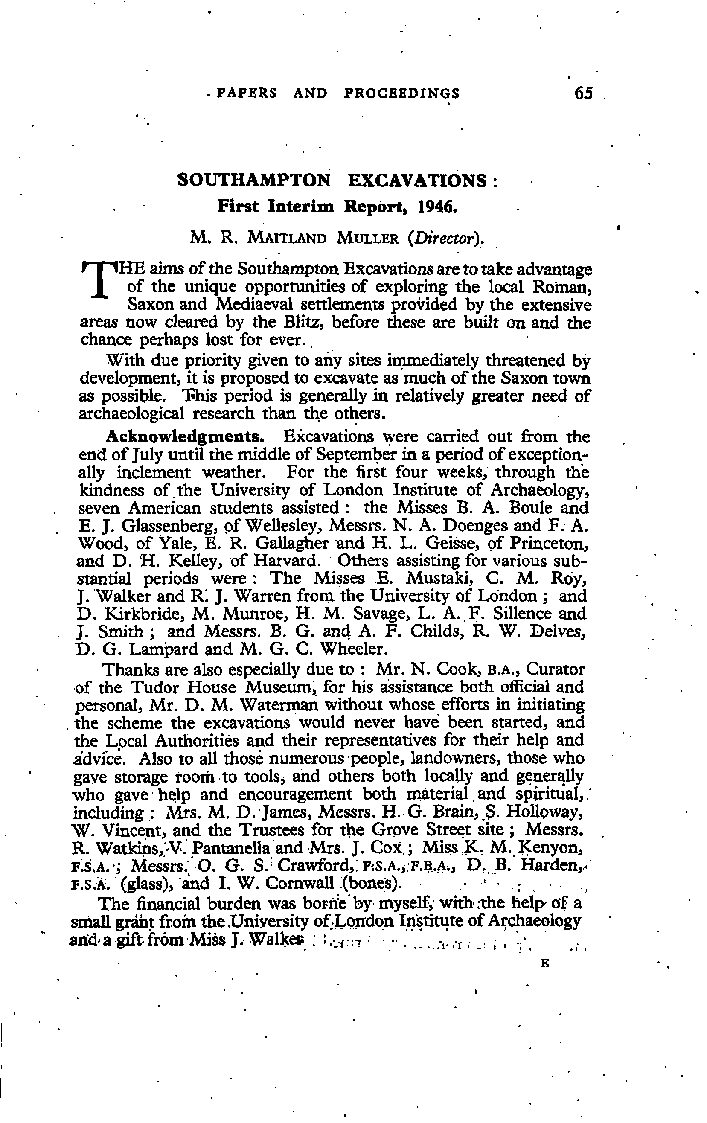 Southampton Excavations: First Interim Report, 1946