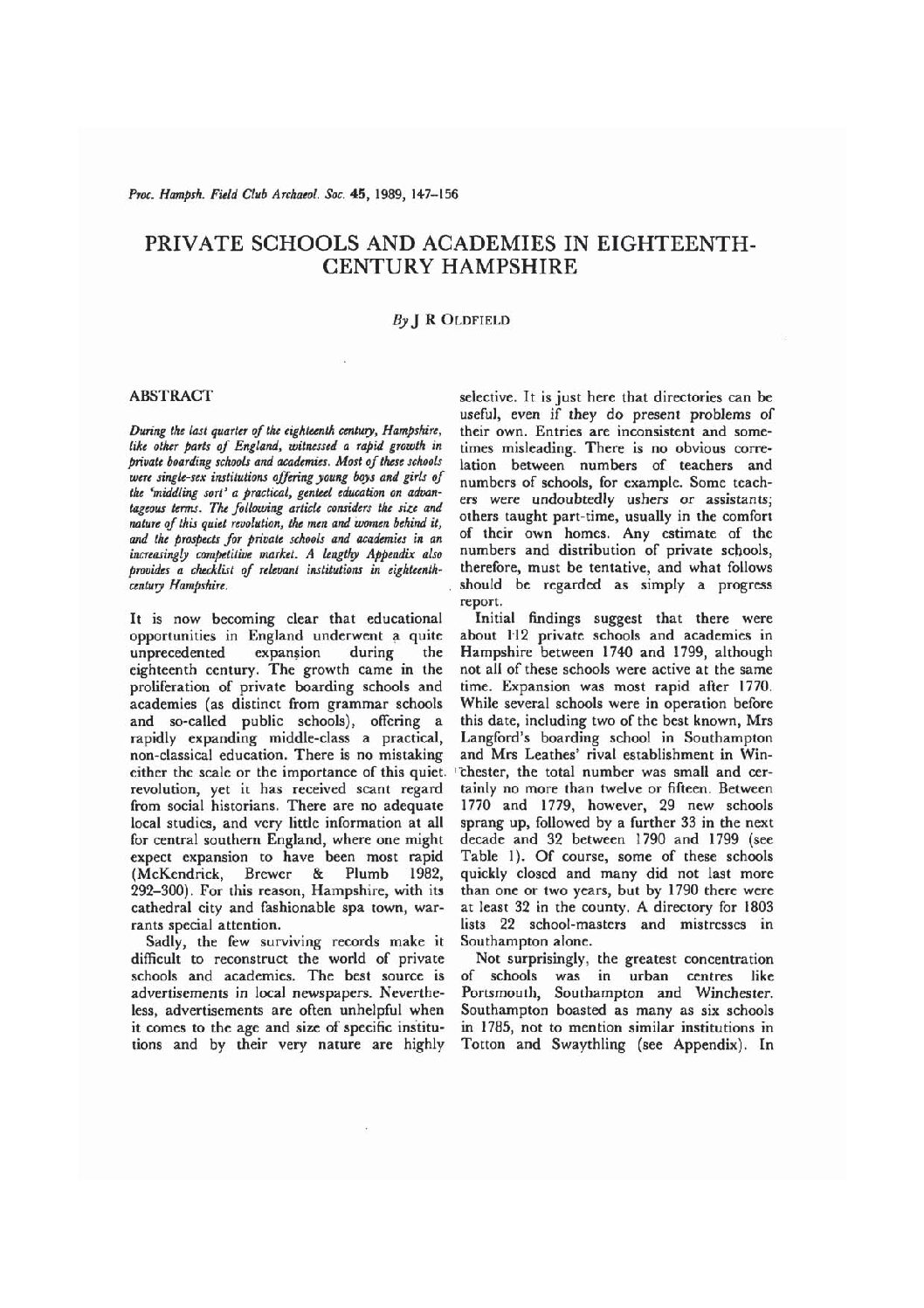 Private Schools and Academies in Eighteenth-Century Hampshire