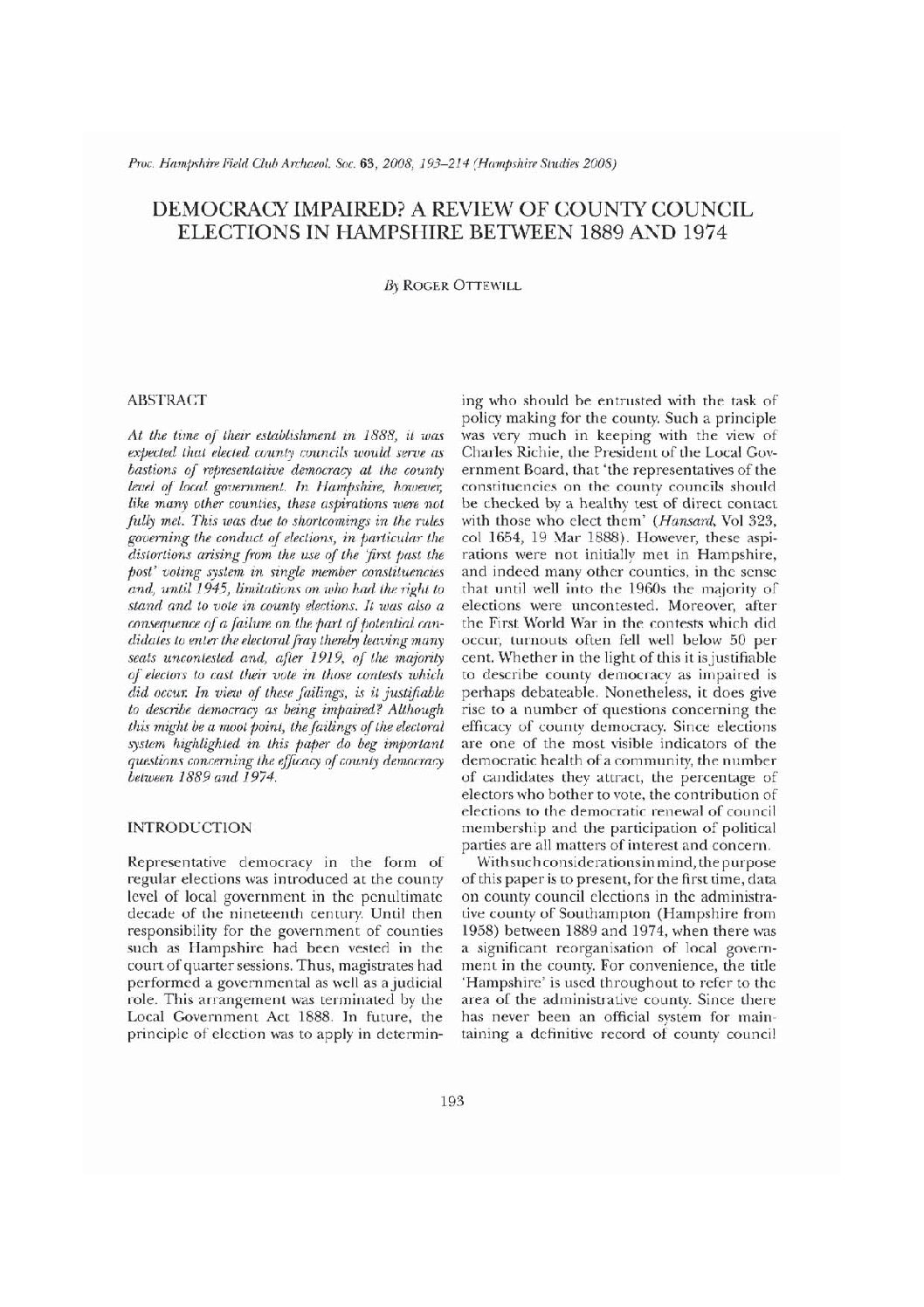 Democracy impaired? A review of County Council elections in Hampshire between 1889 and 1974