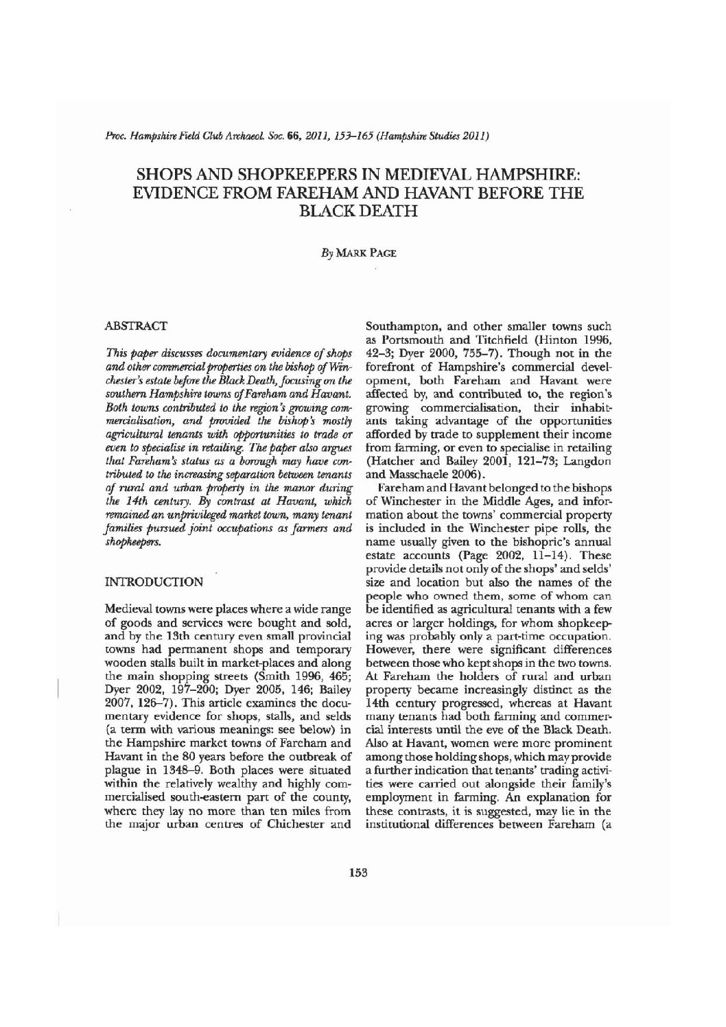Shops and Shopkeepers in Medieval Hampshire: Evidence from Fareham and Havant Before the Black Death