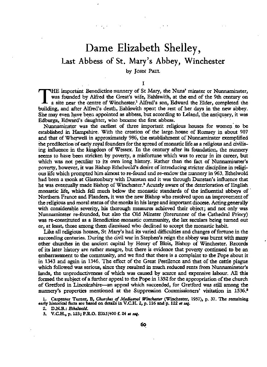 Dame Elizabeth Shelley, Last Abbess of St. Mary’s Abbey, Winchester