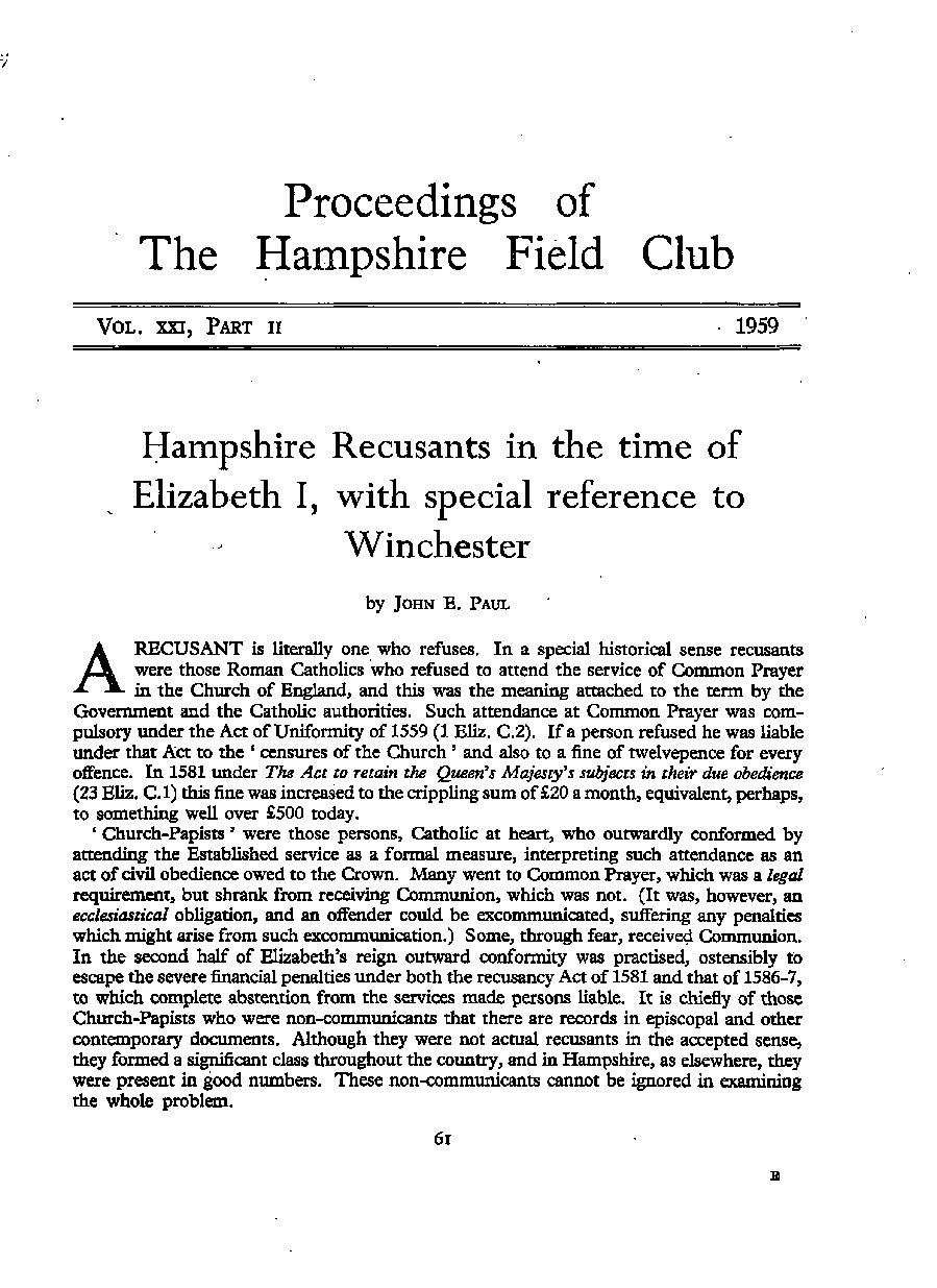 Hampshire Recusants inthe time of Elizabeth 1, with special reference to Winchester