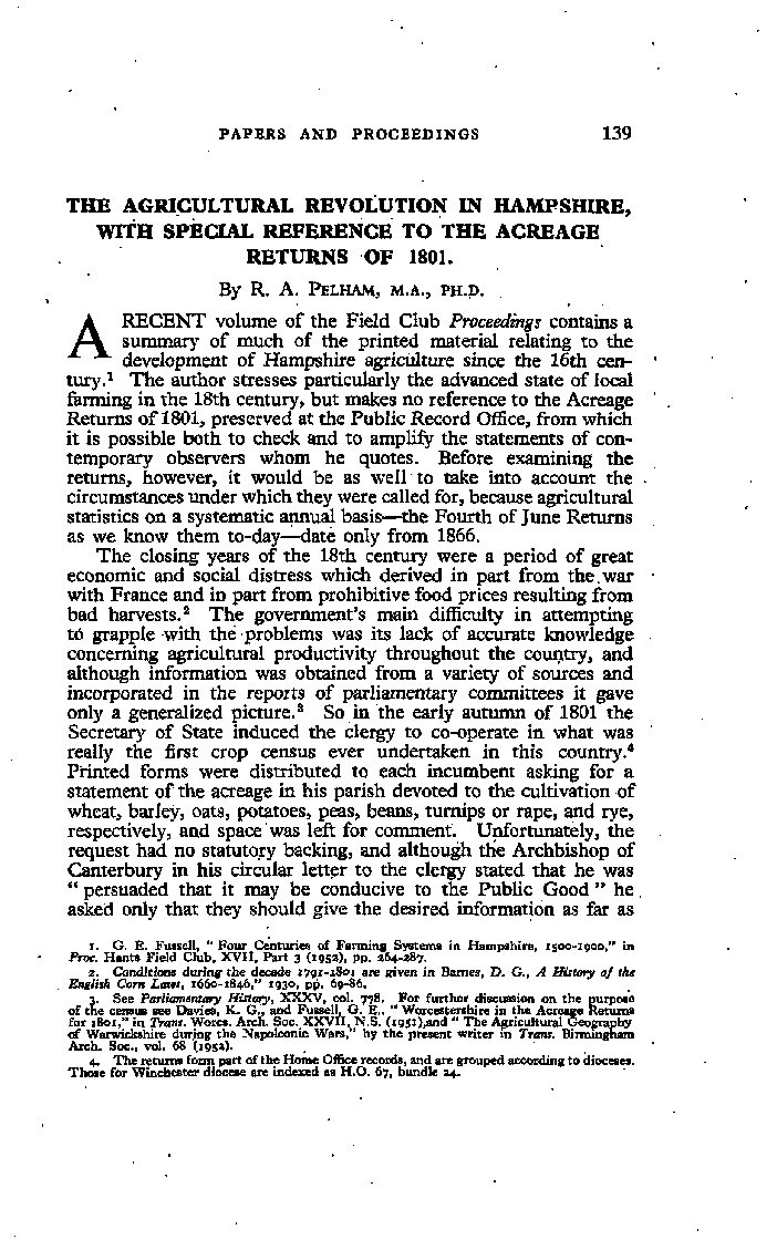 The Agricultural Revolution in Hampshire, with Special Reference to the Acreage Returns of 1801