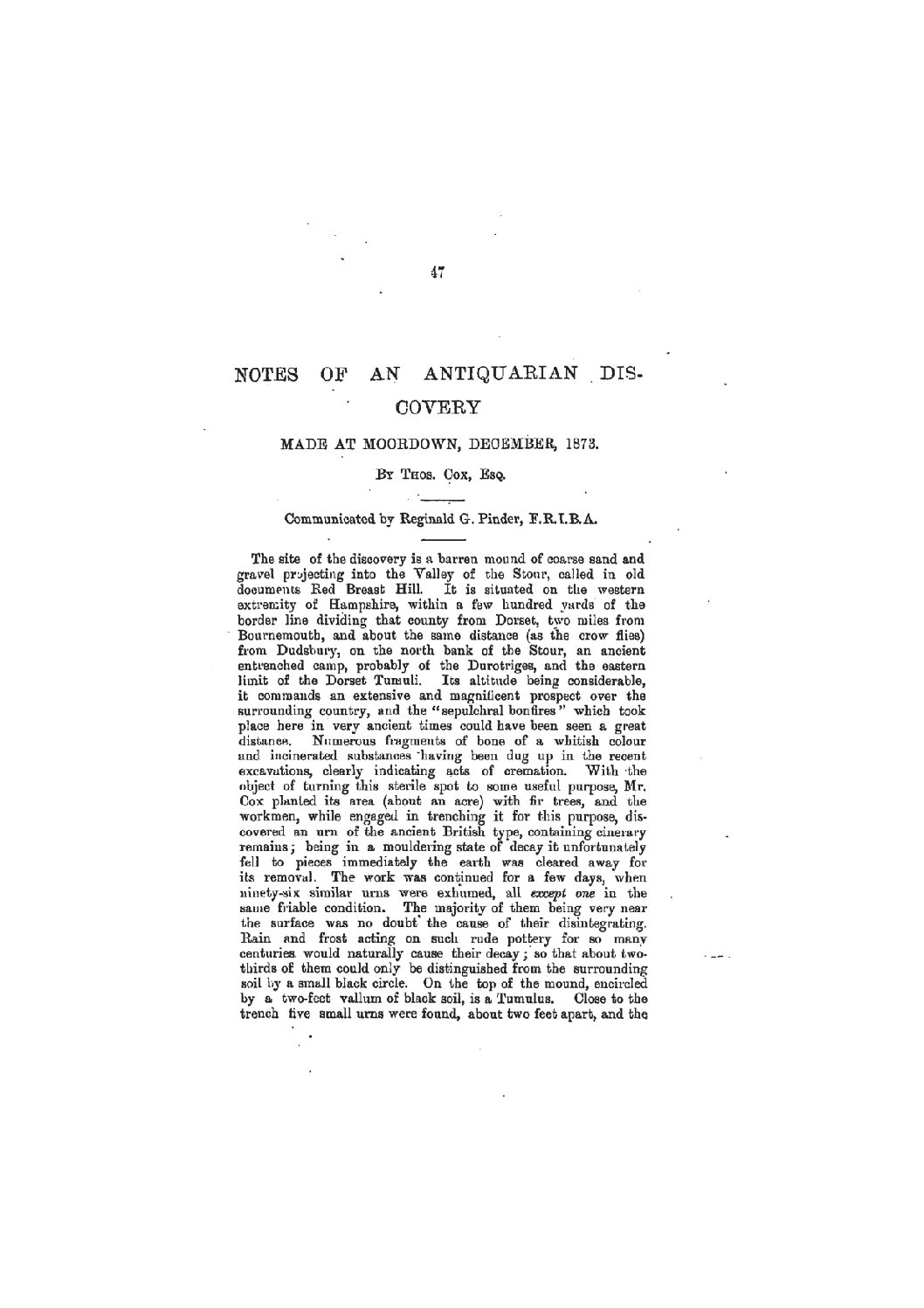 Notes of an Antiquarian Discovery made at Moordown, December, 1873