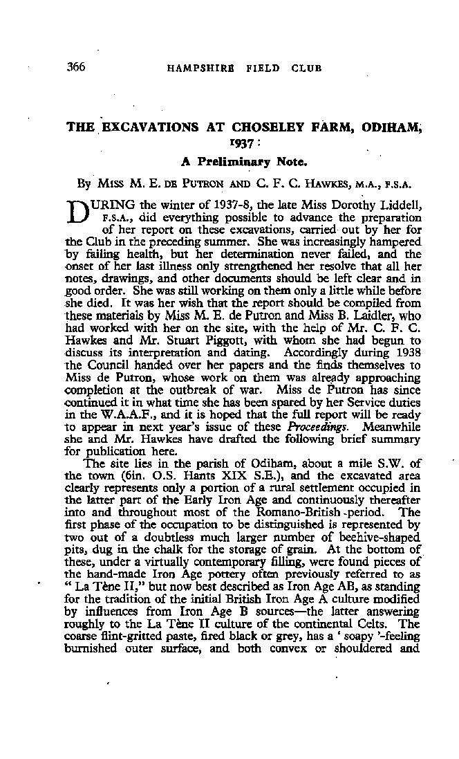 The Excavations at Choseley Farm, Odiham, A Preliminary Note